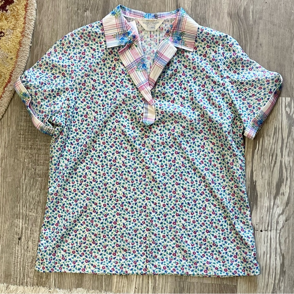 SOLD Vintage 1970s Sears Floral + Plaid Cottage Collared Shirt with Cuffed - Picture 12 of 14